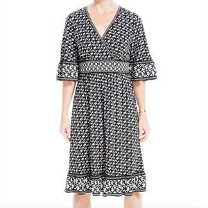 NEW NWT MAX STUDIO Matte Jersey Elbow Sleeve V Neck Midi Dress Black Floral Boho